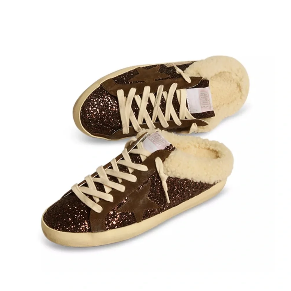 Golden Goose Brown Glitter Shearling-Trim Sneakers - Picture 4 of 5